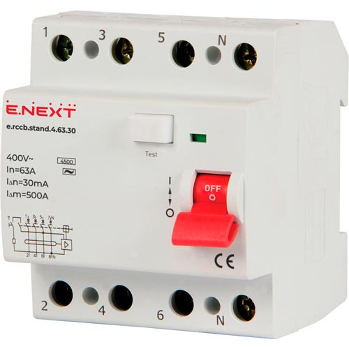 Выключатель дифференциального тока e.rccb.stand.4.63.30 4р, 63А, 30mA